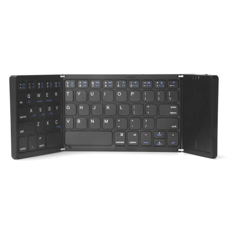 Foldable 3-section portable keyboard being typed on for travel convenience